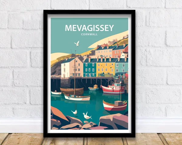 Mevagissey Harbour Travel Poster, Cornwall