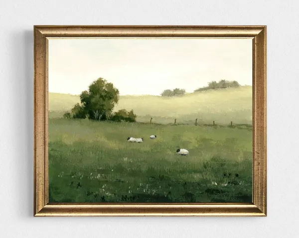 Sheep in the Field Art Print, Farmhouse Landscape