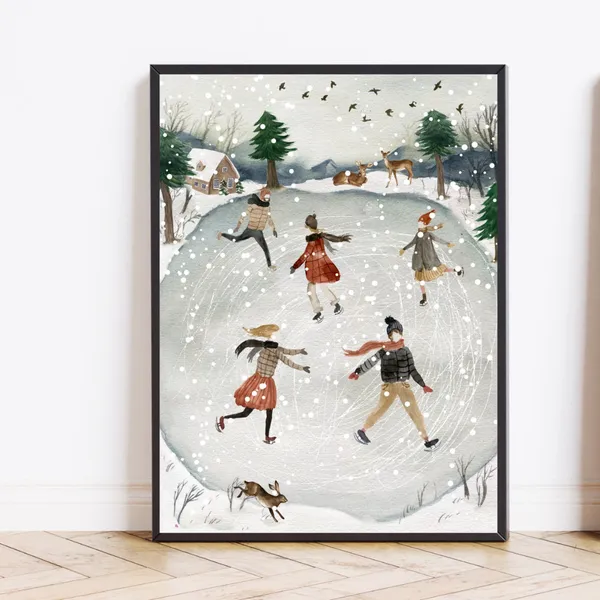 Ice Skating Christmas Prints, Rustic Winter Poster