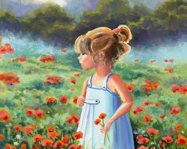 Little Girl in Poppy Field, Country Nursery Art Print