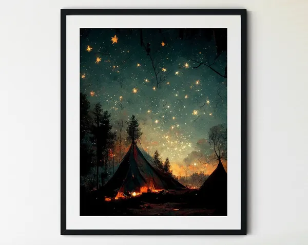 Camping At Night Campfire Art Print, Cabin Decor