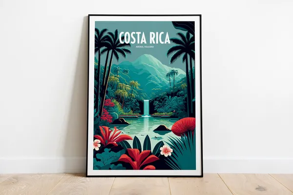Costa Rica Waterfall Travel Poster, Arenal Volcano