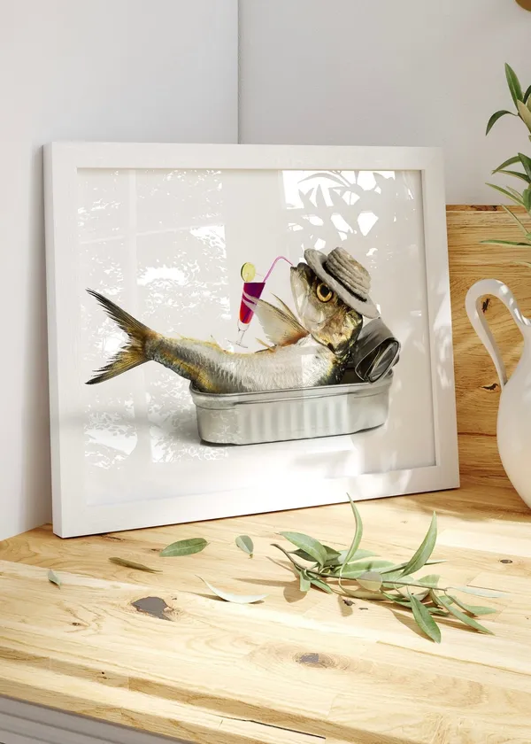 Weird and Wonderful Sardine Drinking in Can Art Print