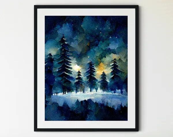 Winter Landscape Print, Snowy Trees and Pine Tree