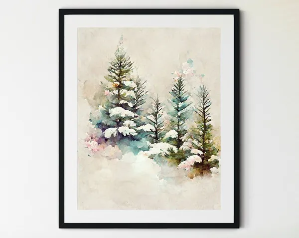 Pine Tree Print, Winter Landscape Art Print