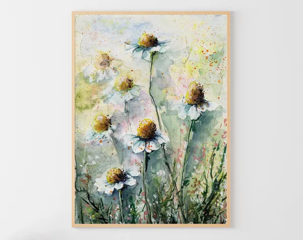 Daisy Watercolor Meadow Art Print, Floral Wall Decor