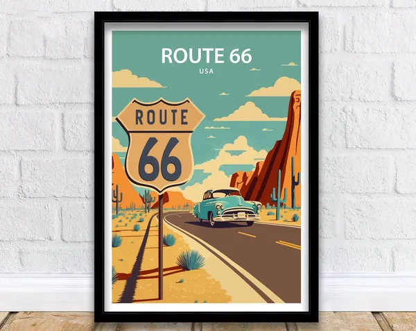 Route 66 Travel Poster, Classic Road Trip Decor