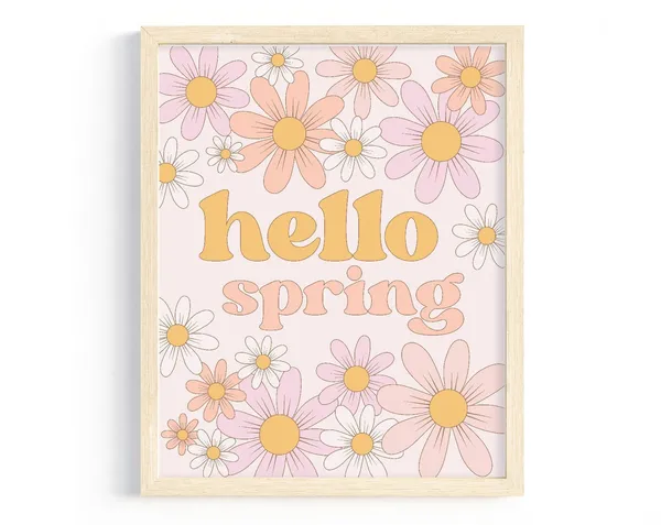 Hello Spring Poster Print, Retro Floral Daisies