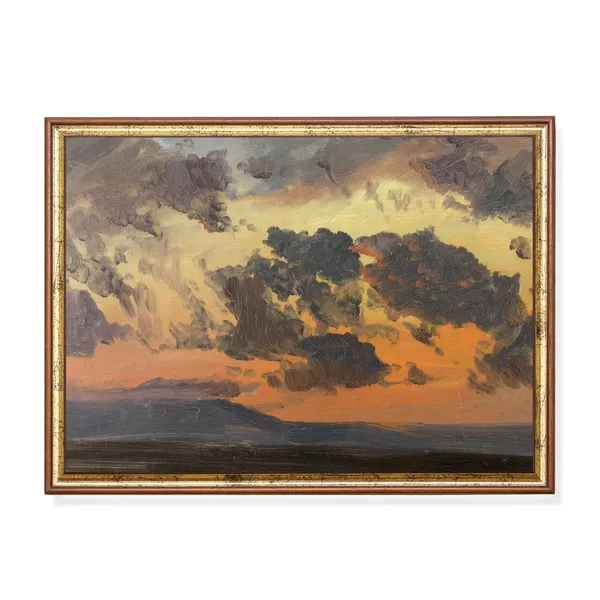Vintage Sunset Sky Painting, Rustic Living Room Art