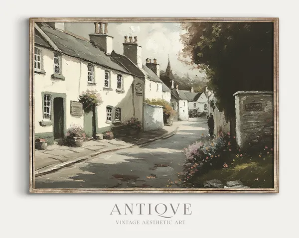 Irish Vintage Village Street With Flowers, Art Print