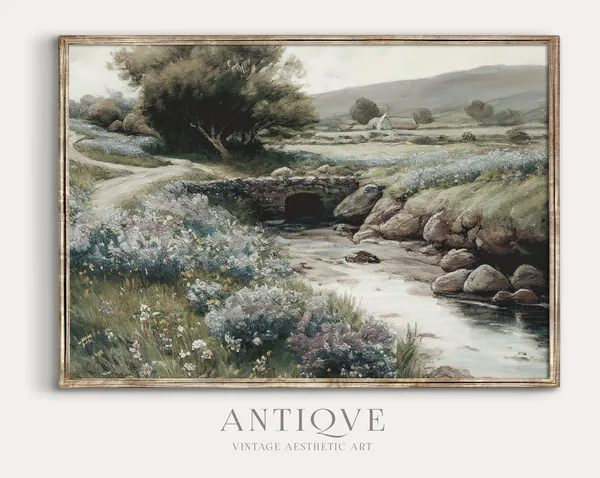 Irish Landscape Painting Stream With Flowers, Art Print