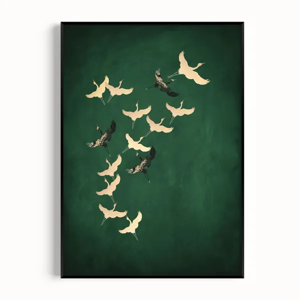 Japanese Cranes Art Print, Emerald Green Maximalist Decor