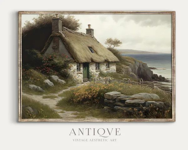 Irish Thatched Cottage By The Sea, Landscape Art Print
