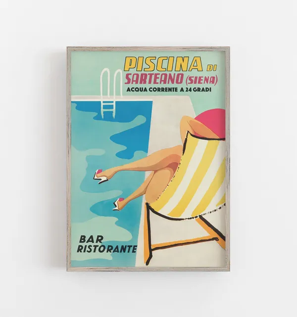 Piscina Italy Vintage Travel Poster, Summer Print