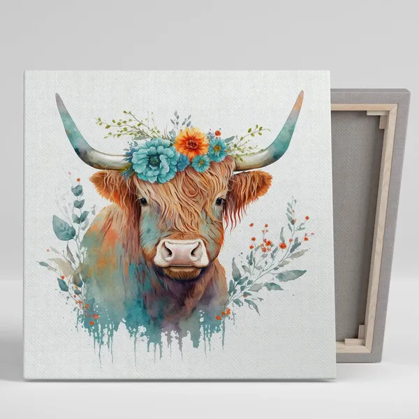 Highland Cow With Flower Art Print, Farm Animal