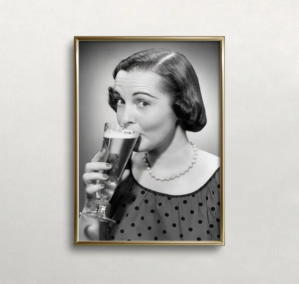 Woman Drinking Beer, Vintage Bar Wall Art Print