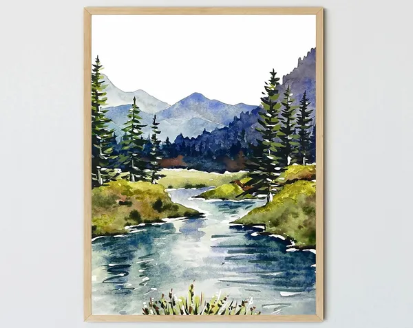 Mountain River Watercolor Mountains Forest Art Print