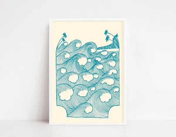 Vintage Waves Illustration Poster, Retro Surf Print