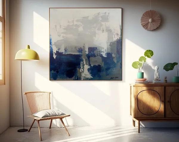 Blue Abstract Oil Painting, Gray Living Room Wall Art Print