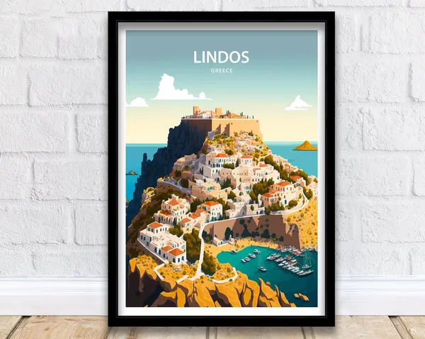 Lindos Travel Poster, Greece Rhodes Landscape