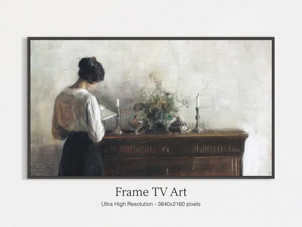 Woman Reading Vintage Art Print, Moody TV Decor