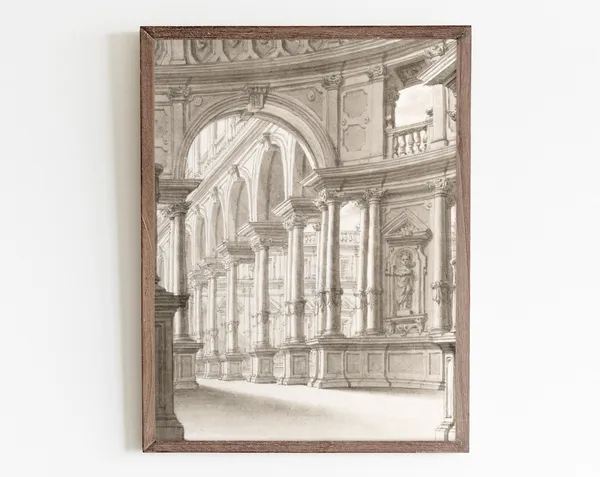 Vintage Etching Architecture Art Print, Line Art