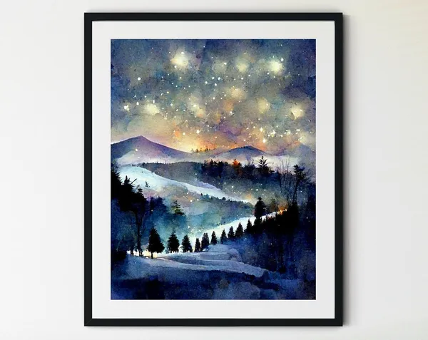 Winter Landscape Art Print, Snowy Trees and Pines