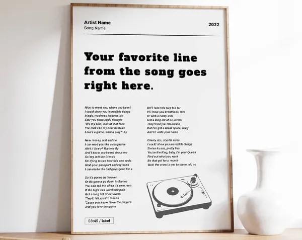 Custom Song Lyric Art Print, Minimalist Wall Art