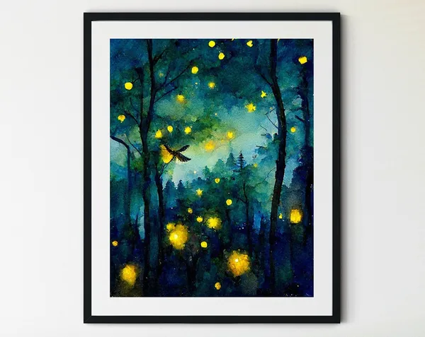Firefly Night Sky Forest Art Print, Woodland Wall Art