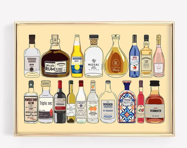 Bar Cart Vintage Liquor Bottles Art Print