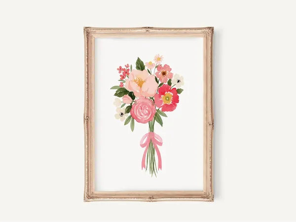 Pink Watercolor Floral Bouquet, Nursery Room Art Print