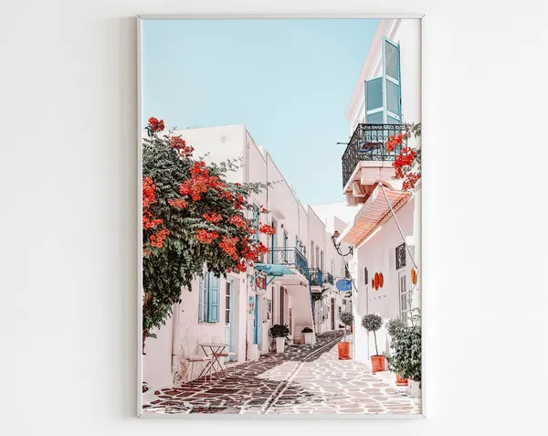 Paros Greece Travel Poster, Mediterranean Pastel Style