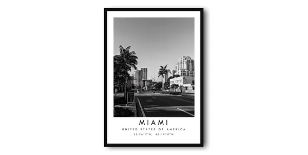 Miami Minimalist Black White City Travel Poster