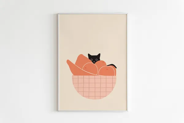 Cat Fruit Bowl Art Print, Cute Cat Illustration