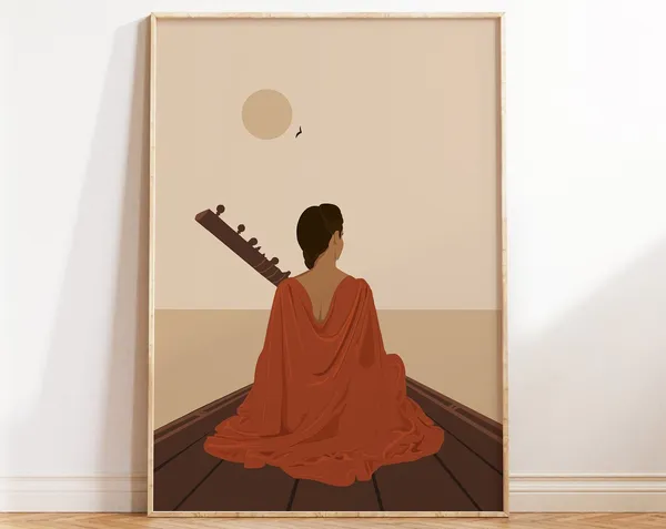 Indian Woman Playing Sitar Art, Desi Music Print