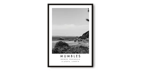 Mumbles Gower Travel Poster, Black and White Minimalist