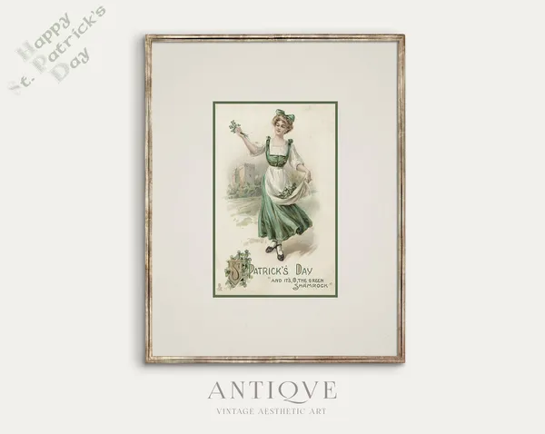 Vintage St Patricks Day Irish Woman With Shamrocks Print