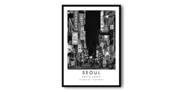 Seoul Black and White Travel Poster, Minimalist
