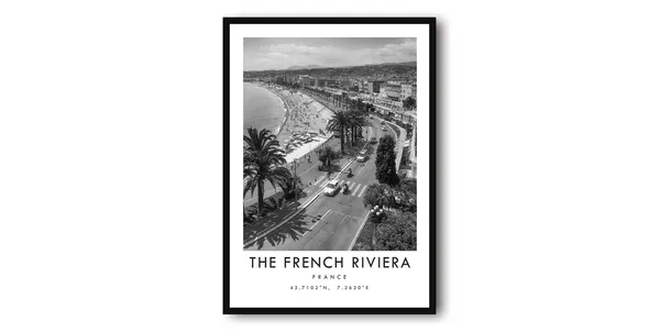 French Riviera Travel Poster, Minimalist Black And White