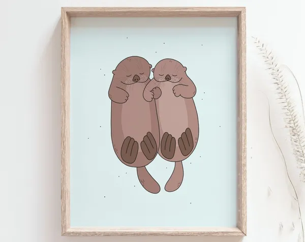 Sea Otters Holding Hands Poster, Nursery Decor