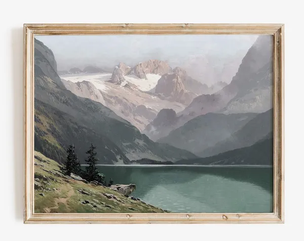 Vintage Mountain Lake Art Print, Rustic Decor