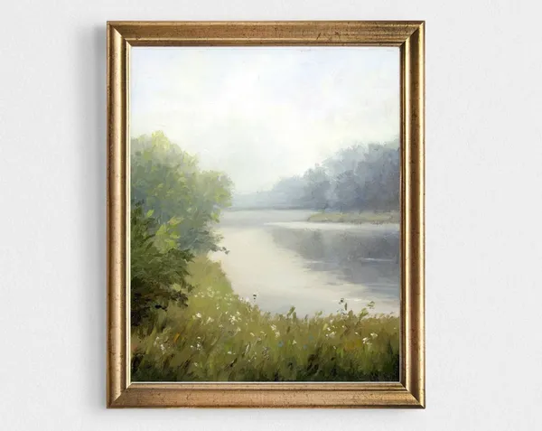 Misty Lake Oil-Painting-Style Art Print, Neutral Landscape