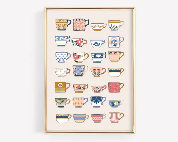 Vintage Tea Cup Poster, Kitchen Art Print