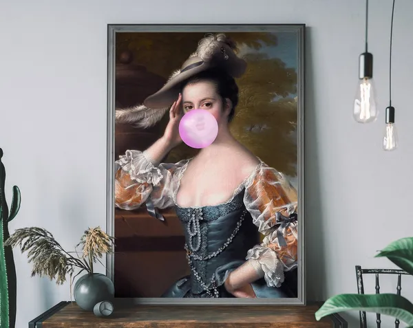 Bubblegum Lady Print, Urban Vintage Pink Portrait