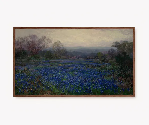 Dark Spring Landscape Vintage Poster, Blue Flowers