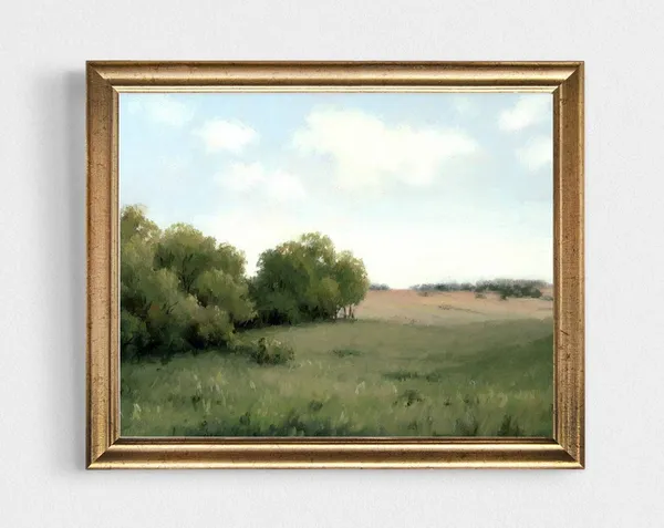 Neutral Green Meadow Landscape, Minimalist Art Print