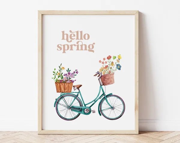 Hello Spring Bike with Flowers Farmhouse Art Print