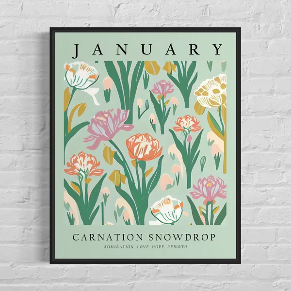 January Flower Market Poster, Carnation and Snowdrop