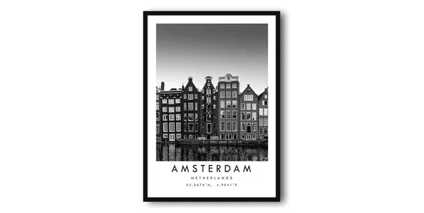 Amsterdam Travel Poster, Black And White Minimalist