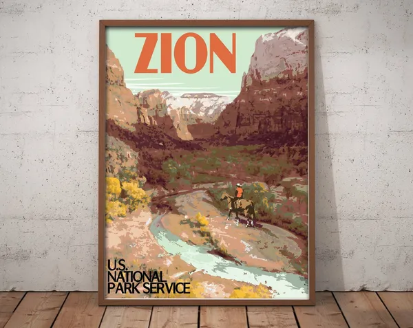 Zion National Park Vintage Travel Poster, Utah Print